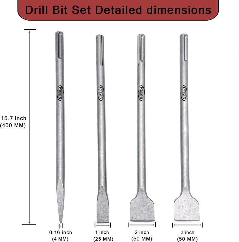 Regiis Tech 4 pcs SDS MAX 15.7 inch Chisel Set, Masonry Concrete Drill Bit Set, Tile Removal Chisel Bits for Brick Stone Tile Floor Removal - Image 2